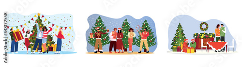 Set of people celebrating Christmas at party