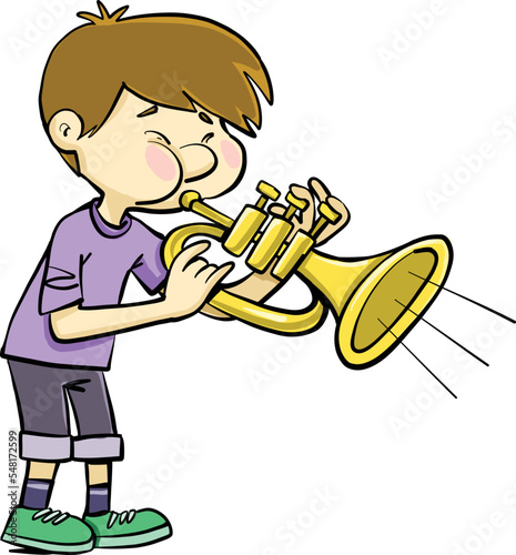 boy blowing a trumpet loudly