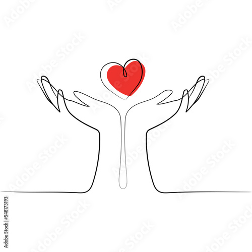 Two open cupped hands with red heart continuous line design vector illustration.Support, peace, care hand gesture concept.Valentine's day design with heart between two hands Minimal art drawing