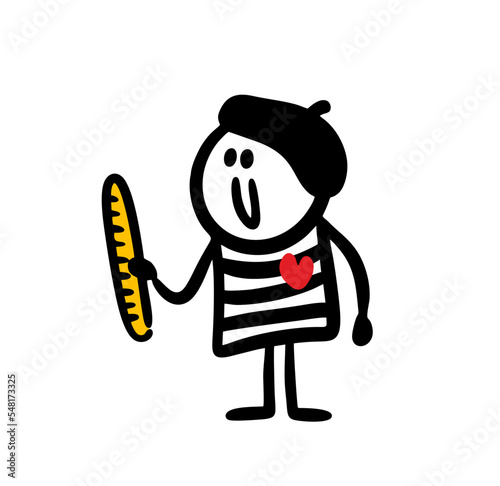 A Frenchman in striped clothes, a beret and a baguette in his hands.