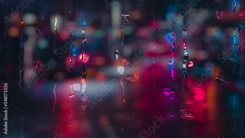 Rain Drops Rolling Down The Window Dark Blurry City Background Visual Effect Loop