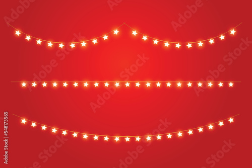 Star shaped light buntings on red background. Merry Christmas Greeting card. Happy new year. Xmas Holiday poster vector illustration.