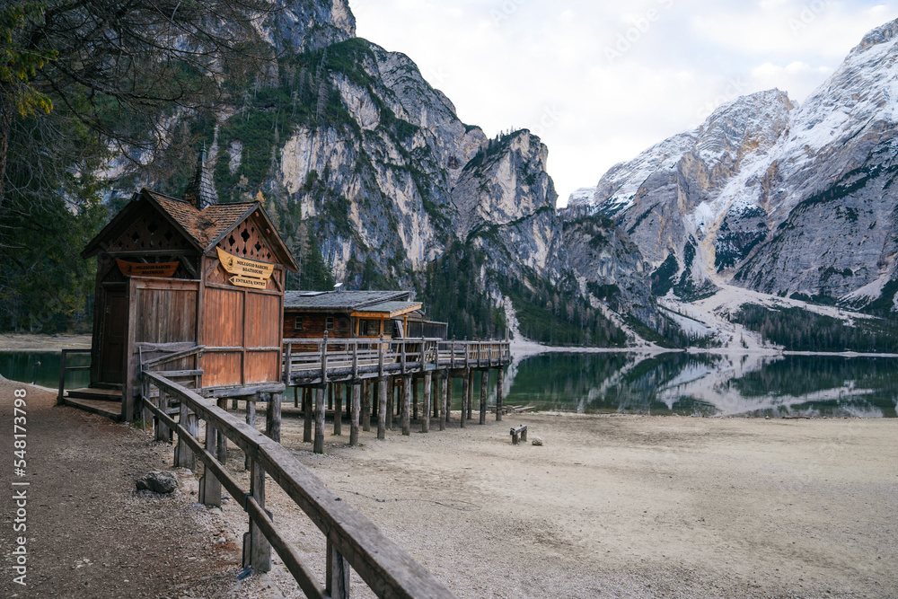 Amazing view of Lago di Braies (Pragser Wildsee), most beautiful lake in South Tirol, Dolomites mountains, Italy. Popular tourist attraction. Beautiful Europe. Amazing view of Lago di Braies (Pragser Wildsee), most beautiful lake in South Tirol, Dolomites mountains, Italy. Popular tourist attraction. Beautiful Europe.