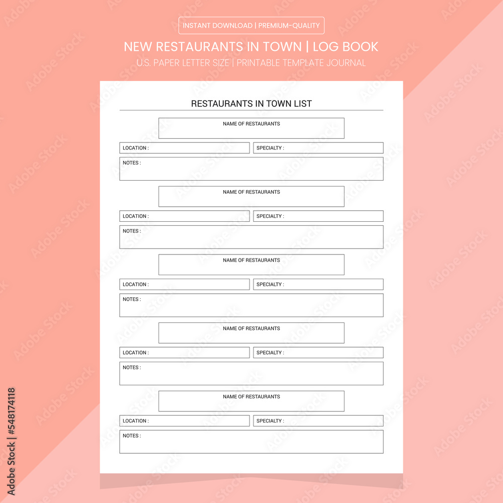 New Restaurants In Town Note | Diary Journal | Restaurants Log Book | Notebook Printable Template New Restaurants In Town Note | Diary Journal | Restaurants Log Book | Notebook Printable Template
