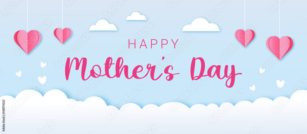 Happy Mother's day banner or postcard with paper cut flying elements on blue sky background, vector symbols of love in shape of heart for greeting card design in paper cut style