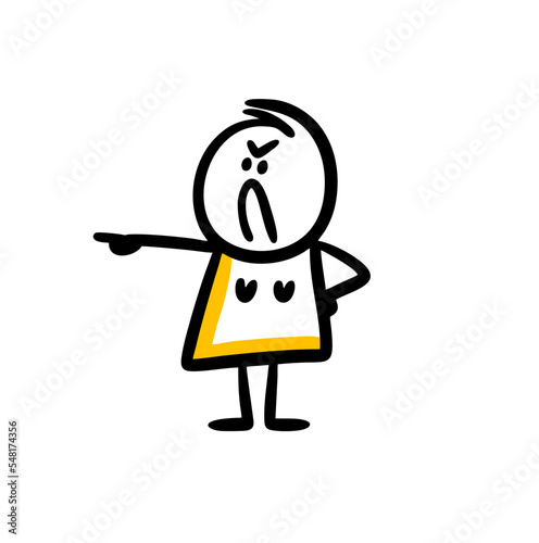 A very strict young woman in a dress asks to get out and points her finger at the door with a frowning face.