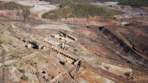 Aerial drone view of Mining activity. Apocalypse scenery. Earth destruction. Disruption of nature.  Extracting natural resources from the Earth to sell on the world market. Ecological disaster.
