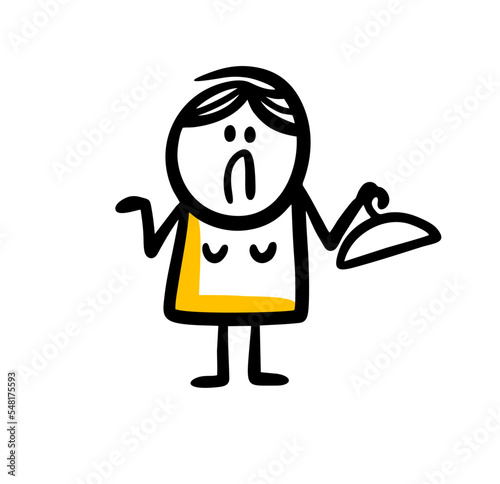 A frustrated young woman is holding an empty hanger from the closet and is worried about the lack of new clothes.