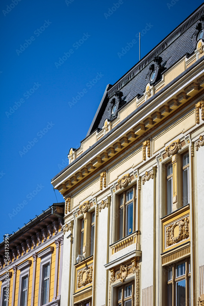 Classical style museum in Sibiu, Romania. Historical building facade with classical elements.