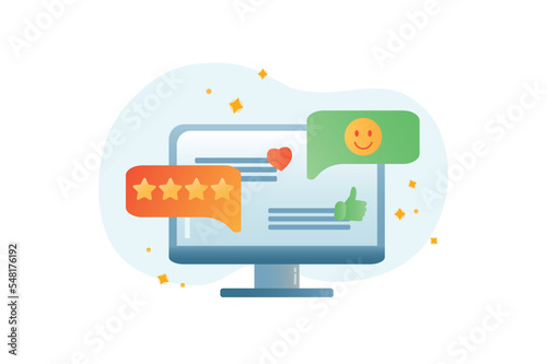 Best feedback gradient icons concept scene in the flat cartoon design. Image of great reviews on computer. Vector illustration.