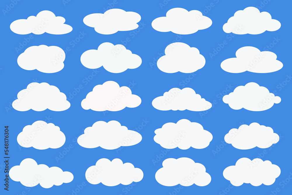 Cloud icons set on blue background. Flat cloudy vector collection. White clouds group. Design element for flat illustration.