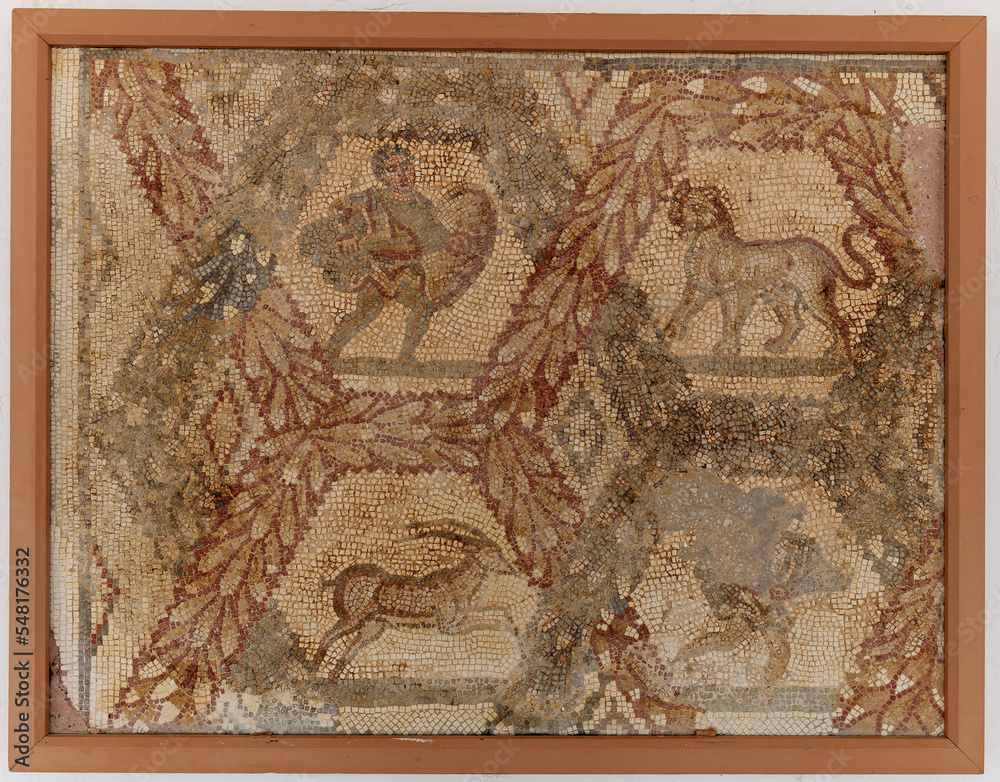 Obraz premium Original wall mosaic in Carthage , Tunisia. Unesco World Heritage Site. Archaeological Site of Carthage. Place of historic interest. Ancient ruins.