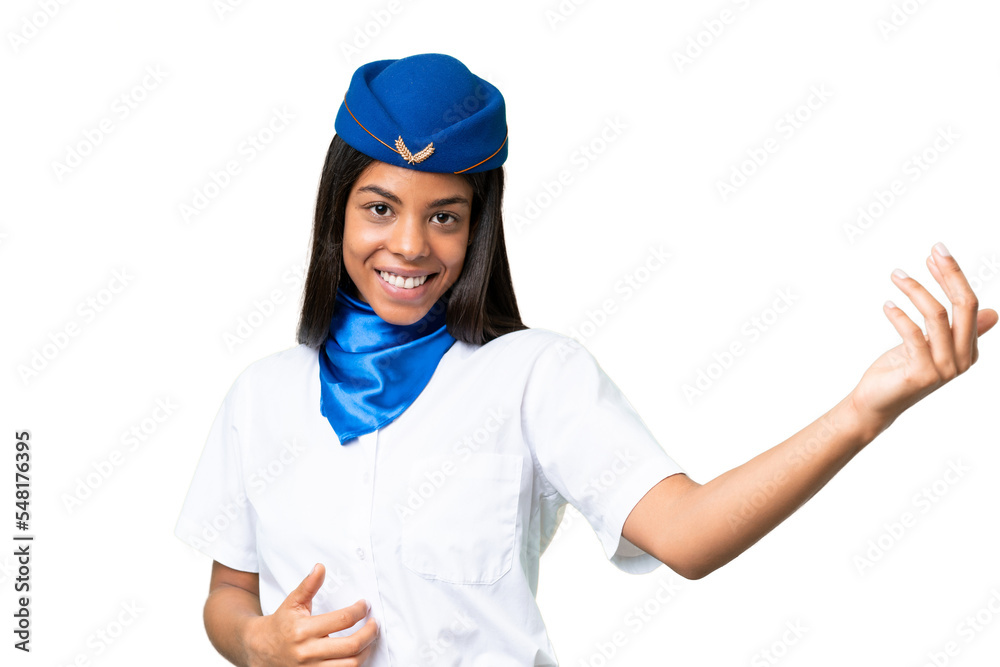 Airplane stewardess African american woman over isolated background making guitar gesture Airplane stewardess African american woman over isolated background making guitar gesture