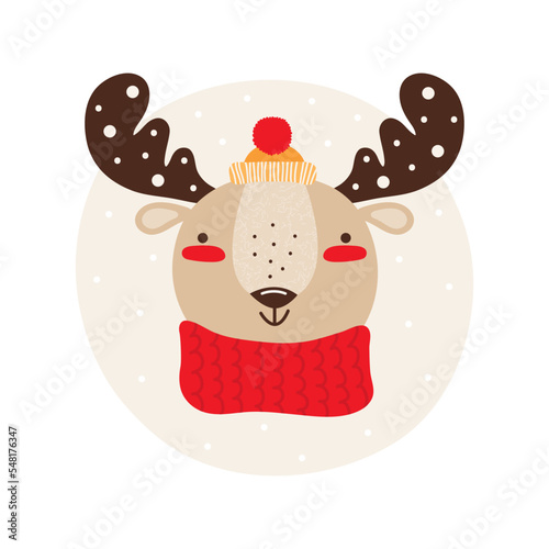 Smiling face funny elk. Cute moose calf in a winter hat and scarf. Cartoon animal character isolated on white background. Childish colorful vector illustration. Christmas and New year banner, card.