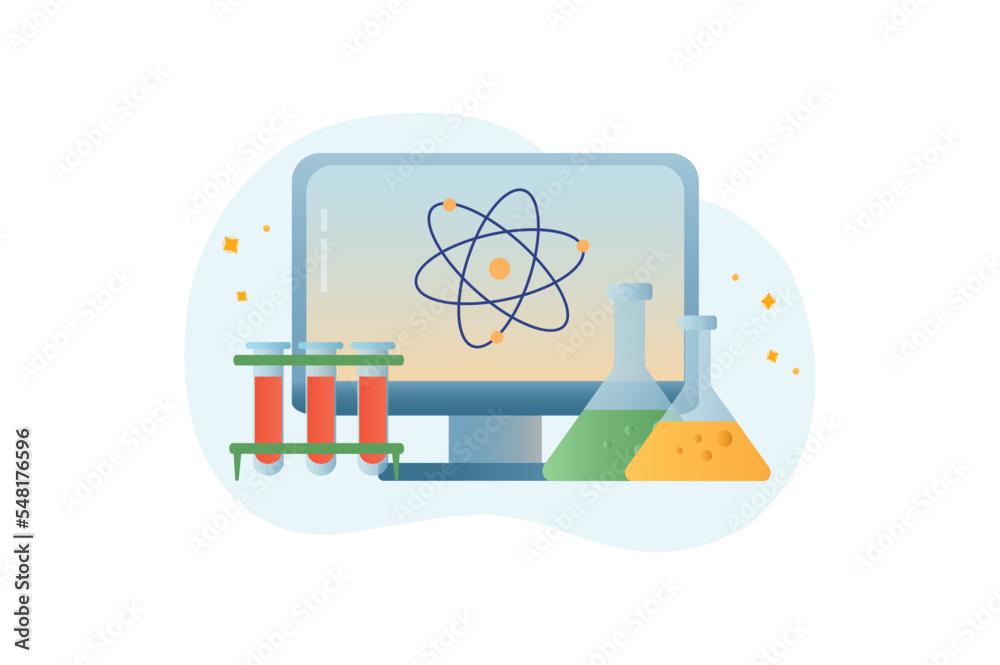 Laboratory gradient icons concept scene in the flat cartoon style. Flasks with chemical liquids and a computer for fixing observations. Vector illustration. Laboratory gradient icons concept scene in the flat cartoon style. Flasks with chemical liquids and a computer for fixing observations. Vector illustration.