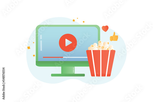 Cinema gradient icons concept scene in the flat cartoon design. Computer and popcorn to watch movies. Vector illustration.
