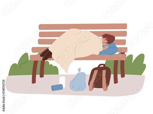 Homeless man sleeping on the bench. Unemployed, poor person living on the street. Expensive high rent. Social inequality. Social issue, unemployment problem. Flat vector illustration.