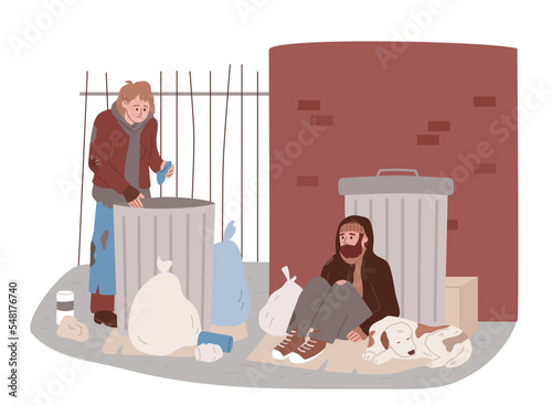 Homeless people living on the streets. Woman rooting for garbage, looking for food in the trash bin.  Unemployed hungry poor characters. Man sitting on the ground with a dog. high rent. 