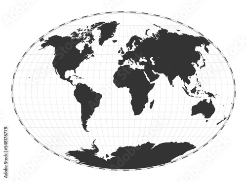 Vector world map in Fahey pseudocylindrical projection. Geographical map with latitude and longitude lines, centered at 0 degrees longitude.