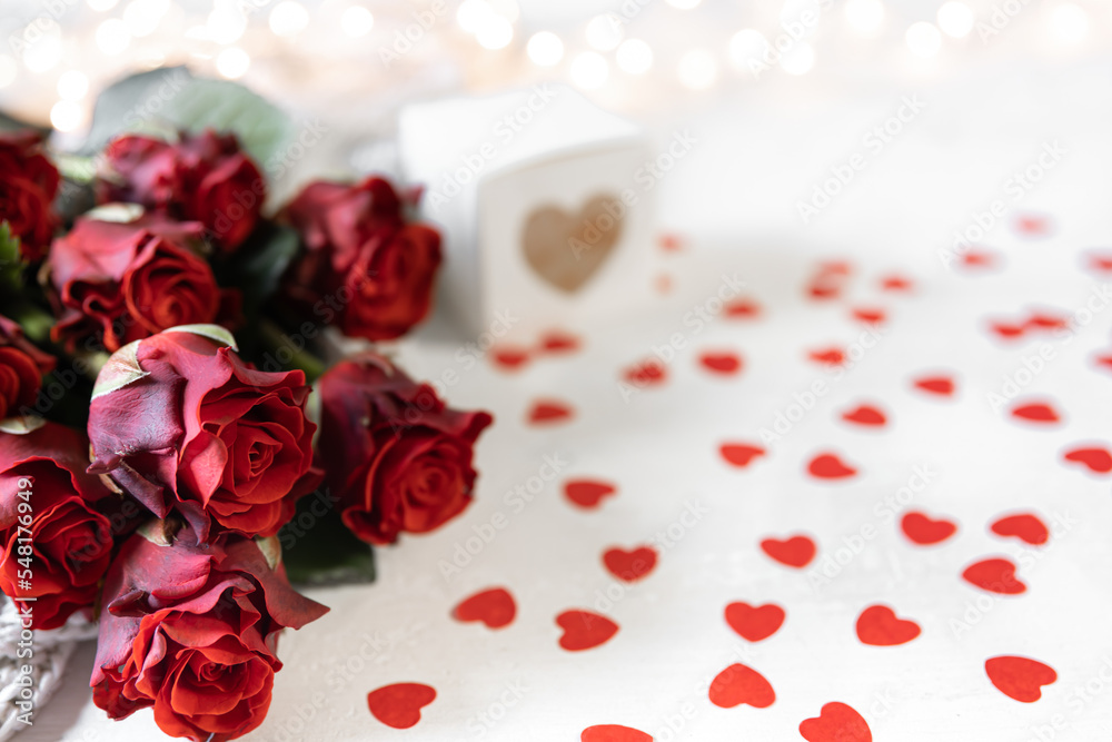 Festive background for Valentine's Day with a bouquet of red roses, copy space. Festive background for Valentine's Day with a bouquet of red roses, copy space.