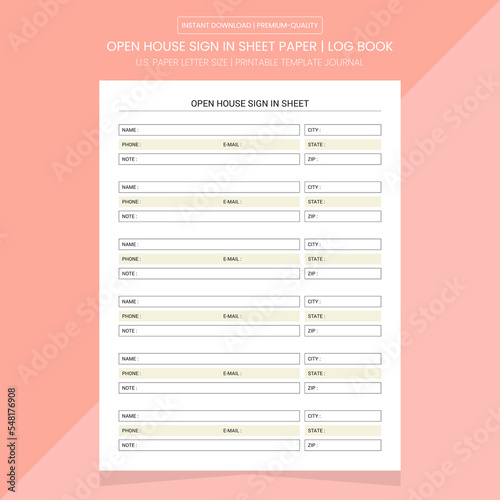 Open House Sign In Sheet Notebook Printable Template