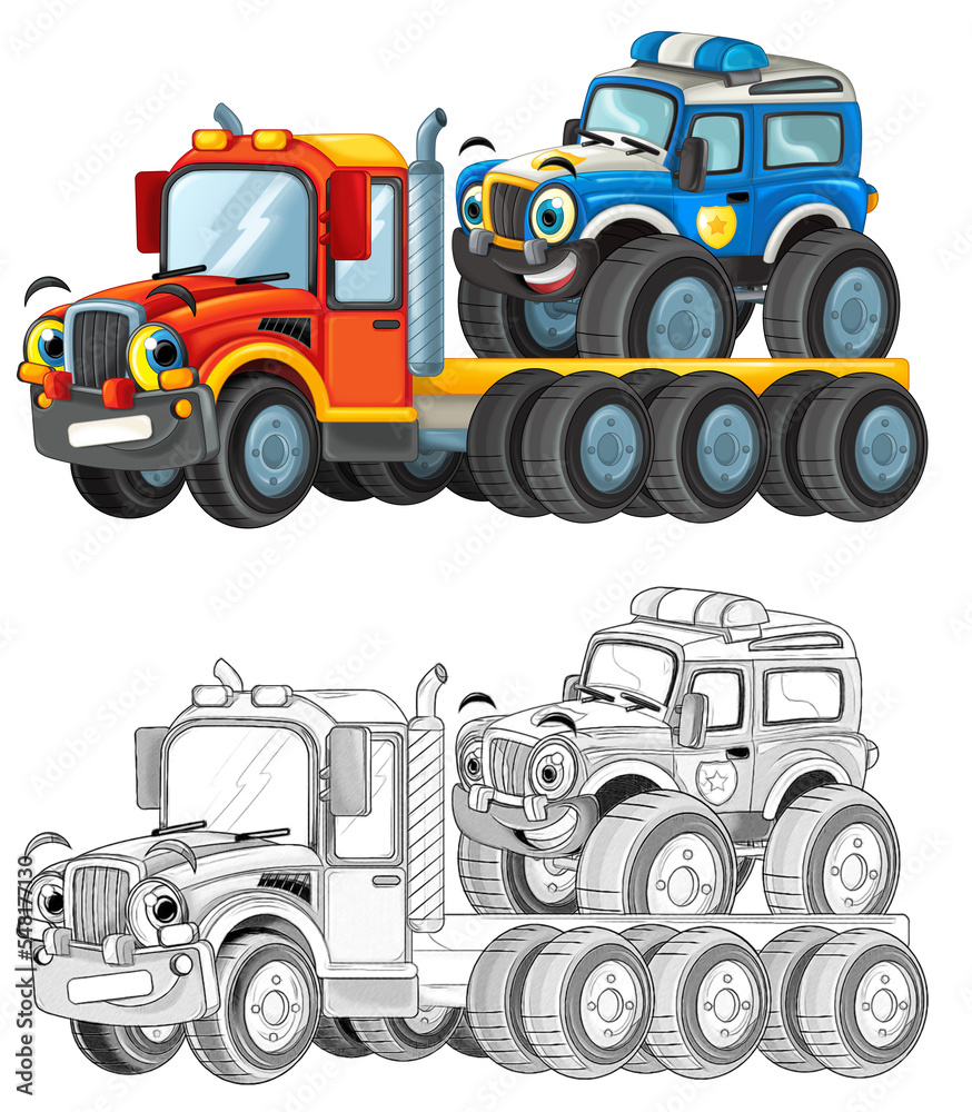 happy cartoon tow truck driver with other vehicle car happy cartoon tow truck driver with other vehicle car