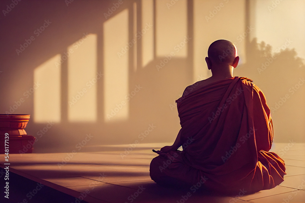 monk meditates in the temple background generative ai illustration - obrazy, fototapety, plakaty 
