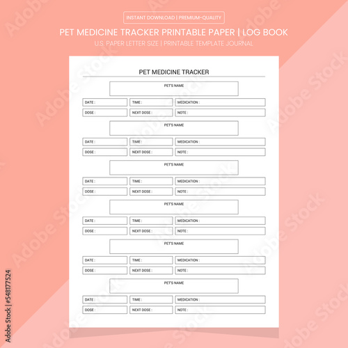 Pet Medicine Tracker Printable | Diary Journal | Notebook Printable Template