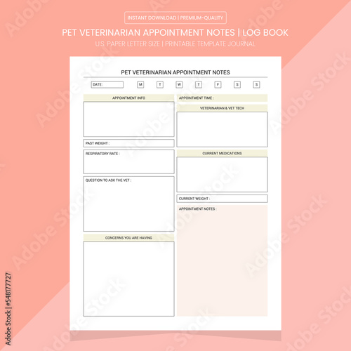 Pet Veterinarian Appointment Notes | Diary Journal | Notebook Printable Template