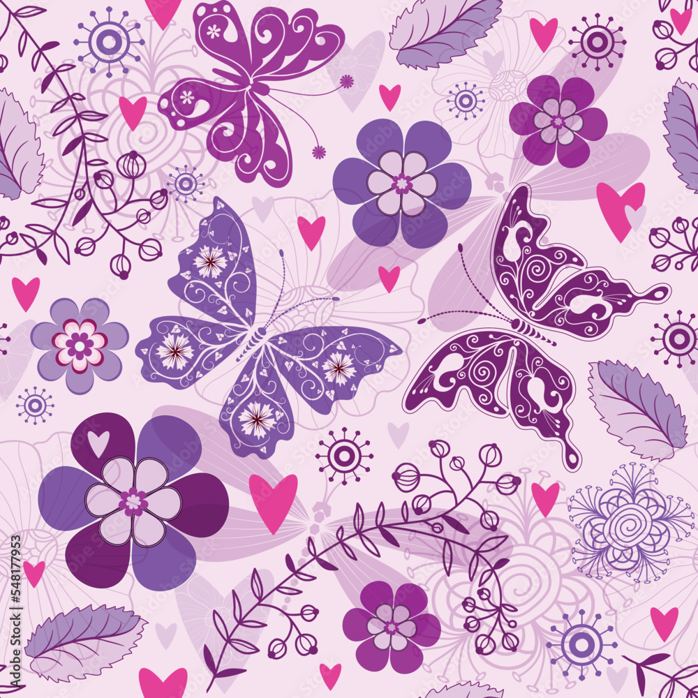 Seamless valentine pattern with butterflies and flowers on a  white background. Vector 