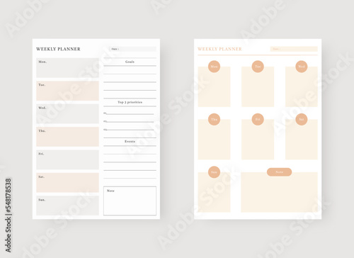 Weekly planner template. Set of planner and to do list. Modern planner template set. Vector illustration.