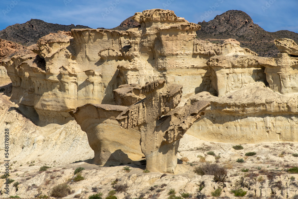 Tourist attraction in Region of Murcia, Spain. Enchanted City of Bolnuevo, natural yellow sandstone formations.