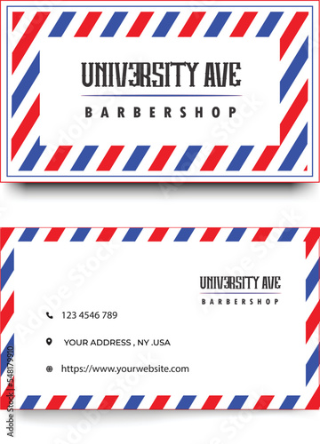 Barber shop business card with red and blue stripe