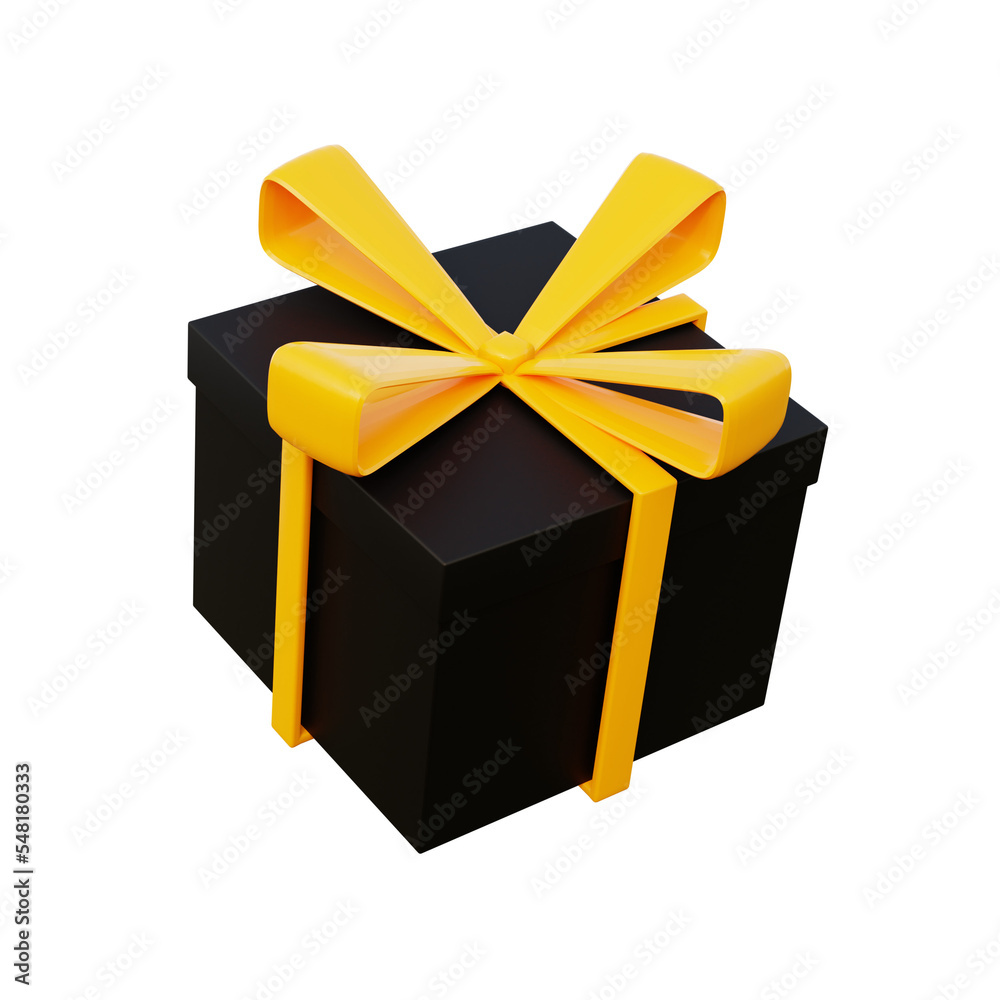 3D Black Gift Box With Gold Ribbon. 3D icon. 3d rendering flying modern holiday surprise box. Cartoon style 3D Black Gift Box With Gold Ribbon. 3D icon. 3d rendering flying modern holiday surprise box. Cartoon style