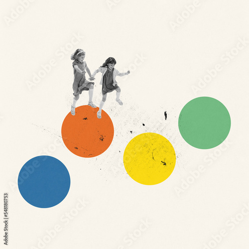 Contemporary art collage. Creative design. Two cheerful happy girl, children playing together, jumping and having fun photo