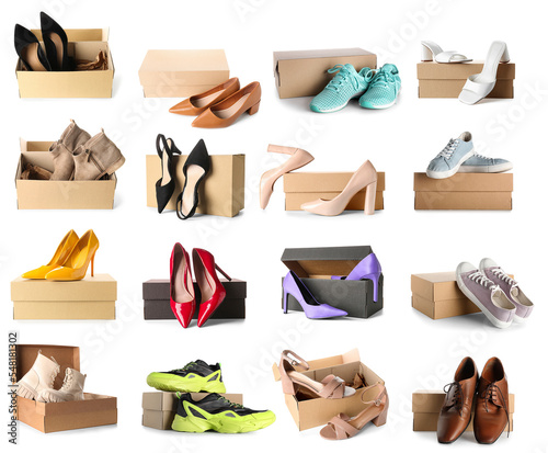Set of cardboard boxes with stylish shoes isolated on white