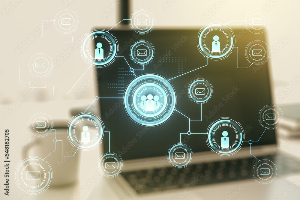 Double exposure of social network icons concept with modern laptop on background. Marketing and promotion concept Double exposure of social network icons concept with modern laptop on background. Marketing and promotion concept