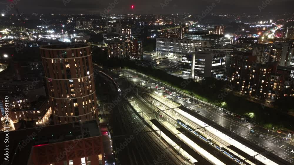 Leeds City Centre Aerial Drone Night Hyperlapse over Leeds Train Station with Trains Driving By and Stopping West Yorkshire UK Leeds City Centre Aerial Drone Night Hyperlapse over Leeds Train Station with Trains Driving By and Stopping West Yorkshire UK