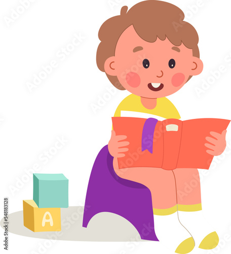 Kid on potty reading book flat icon Restroom