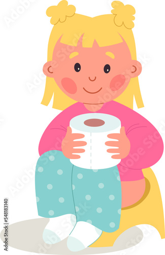 Cute kid on potty flat icon Toilet paper