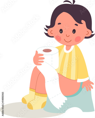Kid on potty with toilet paper flat icon Restroom