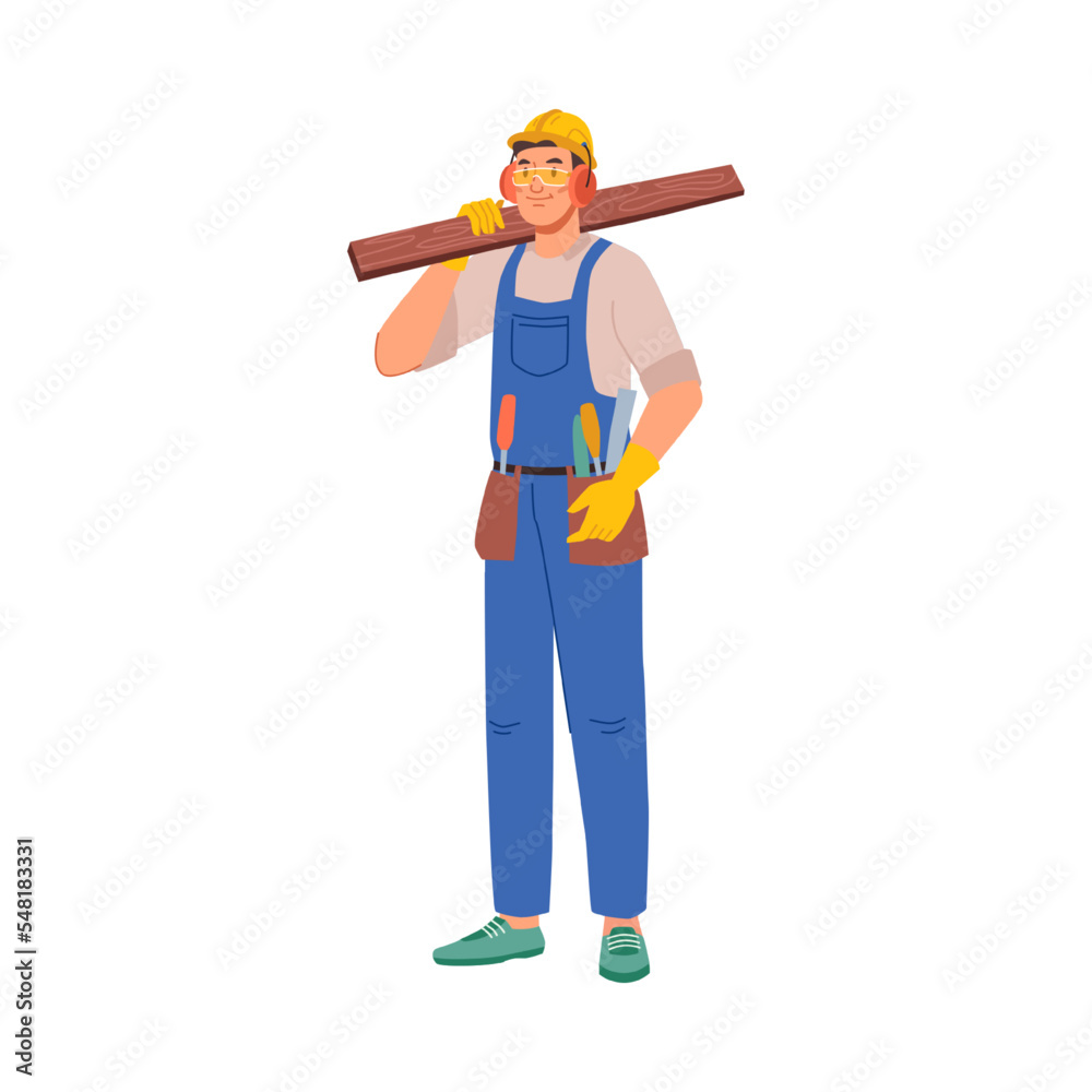 Builder working on construction of building. Isolated man in uniform wearing hardhat holding wooden log. Personage or character, vector in flat cartoon style Builder working on construction of building. Isolated man in uniform wearing hardhat holding wooden log. Personage or character, vector in flat cartoon style
