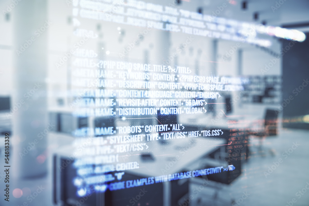 Multi exposure of abstract software development hologram on modern corporate office background, research and analytics concept Multi exposure of abstract software development hologram on modern corporate office background, research and analytics concept