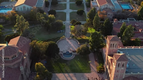Aerial Flying Over Dickson Court At UCLA Towards Shapiro Fountain. Dolly Forward photo
