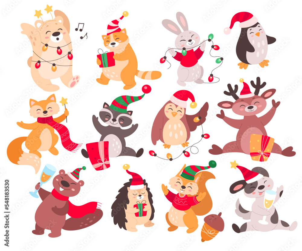 Naklejka premium Christmas childish animals flat set. Funny wild animals. Deer, owl, fox, penguin, hedgehog, squirrel and beaver. Domestic cat and dog. Zoo with different animals. Color isolated illustrations