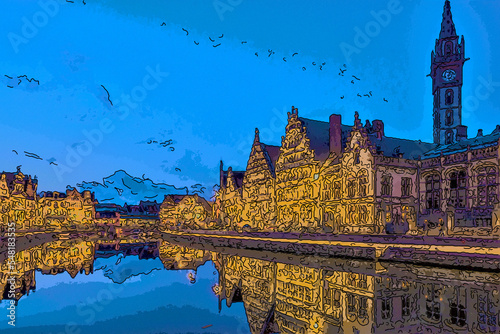 Ghent line skyline illustration with famous landmark city sights, Belgium,