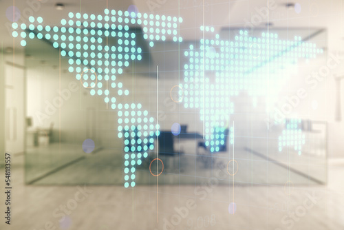 Multi exposure of abstract graphic world map hologram on a modern furnished office interior background, connection and communication concept