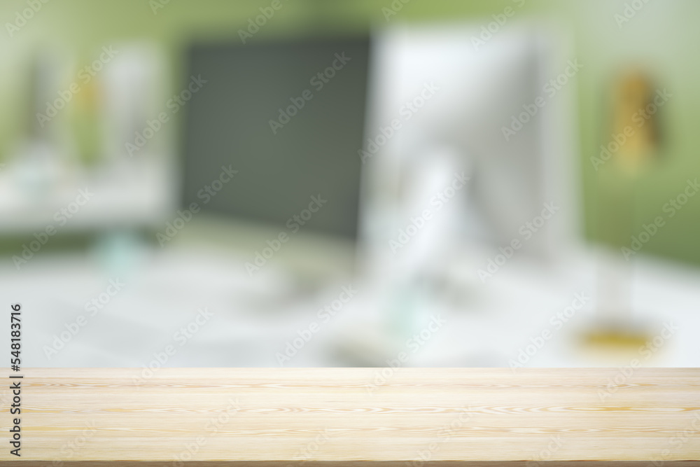 Empty office wooden desktop with empty space on modern workplace with laptop background, close up, mockup Empty office wooden desktop with empty space on modern workplace with laptop background, close up, mockup