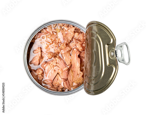 Canned Tuna Isolated, Albacore Fish Chunks in Open Tin Can, Tuna Oil Preserve, Seafood Conserve