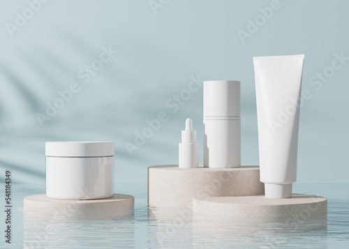 Group of white and blank, unbranded cosmetic cream jars and tubes on blue background. Skin care product presentation. Elegant mockup. Skincare, beauty and spa. Jar, tube with copy space. 3D rendering. photo